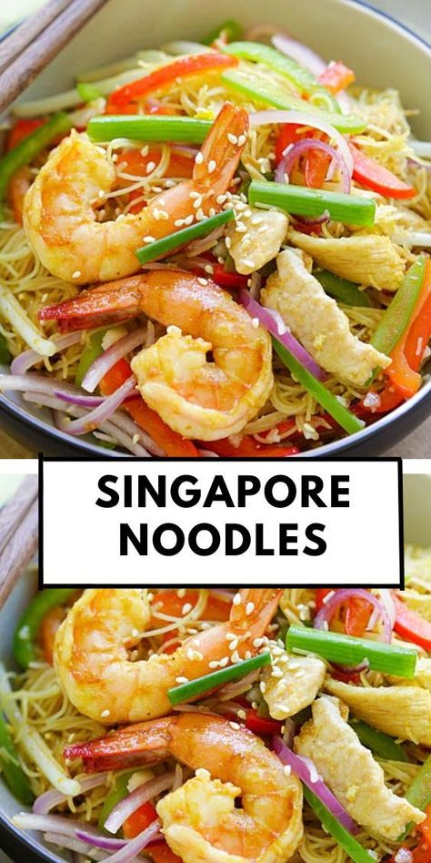 Singapore noodles or Singapore rice noodlesare made of noodles, curry powder, chicken, shrimp and veggies. This is the best Singapore noodle recipe ever! Rice Noodle Curry, Best Singapore Noodles Recipe, Singapore Noodle, Singapore Rice, Singapore Rice Noodles, Noodle Curry, Shrimp And Veggies, Rice Noodle Recipes, Singapore Noodles