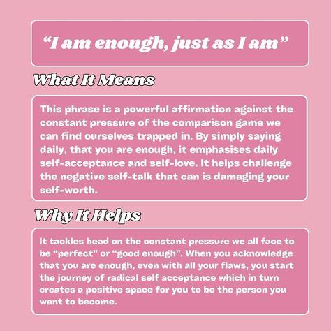 Boosting your self-worth starts with how you speak to yourself and creating a better mindset. Save these phrases and learn how they can reshape your perspective and build your confidence. Self-worth isn’t given, it’s created. 🌱 Your thoughts really do create your reality. Start today with kindness towards yourself! 💖 #SelfWorth #SelfLove #PositiveAffirmations #MentalHealthTips #TherapistAdvice #PersonalGrowth #InnerStrength #SelfCare #MindsetShift #ConfidenceBoost #TherapyTips I Am Enough, Confidence Boost, Negative Self Talk, Self Acceptance, You Are Enough, Self Talk, Inner Strength, Personal Growth, Positive Affirmations