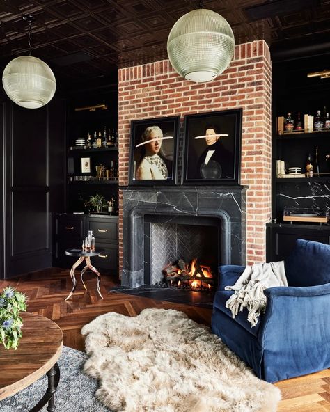 Jaimee Rose Interiors - Best of Phoenix Interior Designers | LP - PROJECT CALL ME OLD FASHIONED Moody Brick Fireplace, Black Brick Fireplace Painted, Old Brick Fireplace, Dark Home Interior, Black Fireplace Surround, Black Brick Fireplace, Exposed Brick Fireplaces, Brick Fireplace Wall, Call Me Old Fashioned