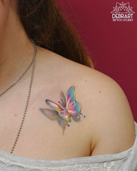 Watercolor Butterfly Tattoo | Tattoo Ideas and Inspiration Stained Glass Butterfly Tattoo, Wonder Tattoo, Watercolor Butterfly Tattoo, Realistic Butterfly Tattoo, Butterfly Tattoos Images, Butterfly Name Tattoo, 3d Butterfly Tattoo, Kristina Webb, Butterfly Tattoo On Shoulder