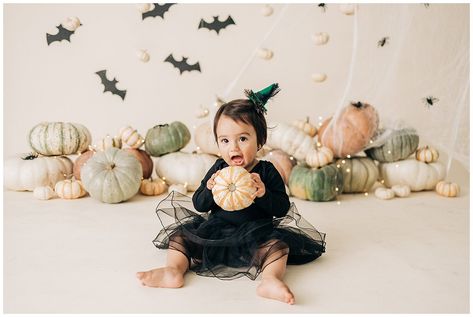 Halloween themed studio mini session inspiration #witch #cake #blackcat Halloween Mini Photo Session Ideas, Cake Smash Photos Halloween, Halloween Set Up Photography, Halloween Mini Shoot Ideas, Spooky Mini Session, Halloween Photoshoot In Studio, First Birthday Halloween Photo Shoot, Spooky Cake Smash, Halloween Costume Mini Session