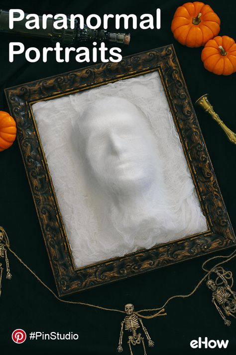 See these paranormal picture frames come to life with this easy Halloween DIY. #PinStudio Get the DIY instructions here: http://www.ehow.com/how_12340607_diy-ghost-face-picture-frame.html Get creative on Pinterest with eHow. For more: pinterest.com/ehow. Picture Frame Halloween Ideas, Picture Frame Craft Ideas, Mummy Front Door, Floating Witch, Lawn Ghosts, Mummy Decorations, Diy Ghost, Spray Starch, Skull Candle Holder