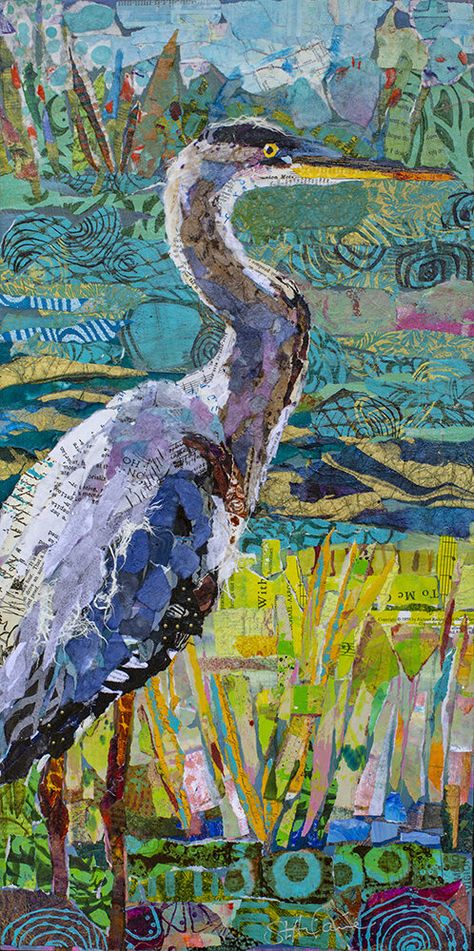 Birds — PaperPaintings.com Landscape Art Quilts, 얼굴 드로잉, Landscape Quilt, Collage Art Projects, Paper Collage Art, Great Blue Heron, Collage Techniques, Collage Art Mixed Media, Blue Heron