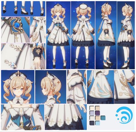 Barbara Summer Outfit Genshin, Genshin Impact Pose Reference, Genshin Impact Character Design Sheet, Genshin Impact Character Reference, Genshin Impact Model Sheet, Kokomi Reference Sheet, Genshin Impact Reference Sheet, Genshin Impact Character Sheet, Genshin Reference Sheet