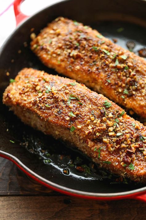 Pecan Crusted Salmon with Lemon Glaze Pecan Crusted Salmon, Baked Mushrooms, Slow Cooked Meat, Date Night Recipes, Crusted Salmon, Crunchy Pecans, Baked Fish, Half Baked Harvest, Salmon Recipes