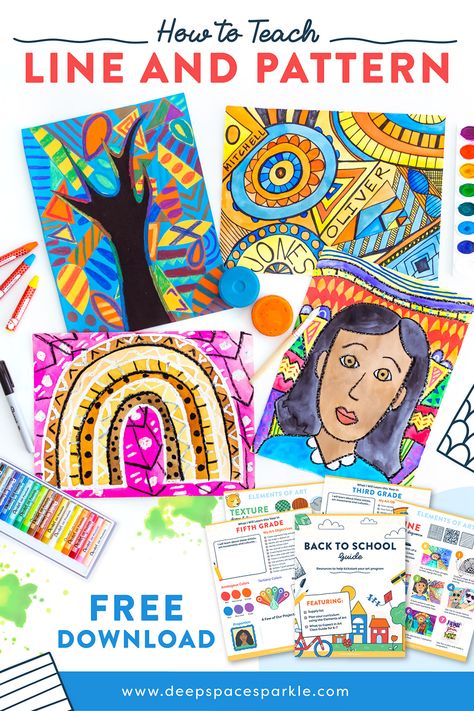 Elements Of Art Line Projects, Elementary Art Curriculum, Elements And Principles Of Design, Line Art Projects, Line Art Lesson, Elements Of Art Line, Kids Sketchbook, Teaching Patterns, Elementary Art Lesson Plans