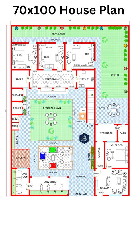 70X100 VILLAGE STYLE HOUSE PLAN/03085476300 House Plan Gallery, Farm Houses, House Map, Village House, Village Houses, Style House, House Plan, Floor Plan, House Plans