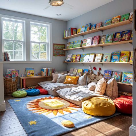 Boy Room Kids, Bookshelves For Kids Room, Kids Playroom Decor Ideas, Boy Decor Bedroom Ideas, Kindergarden Decoration Room, Library Kids Room, Kids Room Colorful, Kids Toy Room, Educational Playroom Ideas