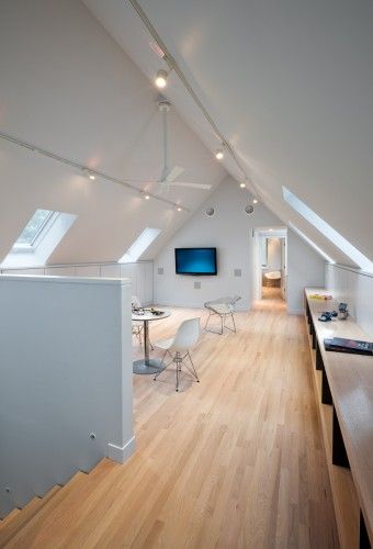 Vaulted ceiling in study? Will depend on existing rafters and collar ties, etc. we like the vaulted high ceiling feel for this study Attic Office, Attic Renovation Ideas, Attic Lighting, Finished Attic, Attic Playroom, Attic Loft, Attic House, Loft Office, Attic Conversion