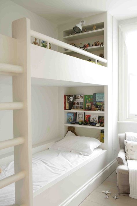 9 Bedside Storage Options For The Upper Bunk Kid Bunk Bed Shelf Ideas, Bunk Bed Shelf, Room With Bunk Beds, Mommo Design, Modern Bunk Beds, Bunk Beds Built In, Bunk Rooms, Built In Bunks, Bunk Bed Designs