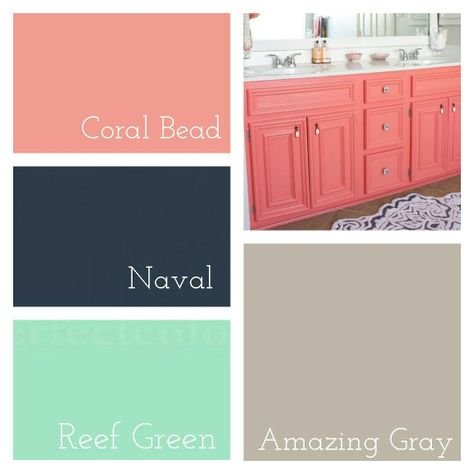 Master Bathroom Colors || Sherwin Williams Coral Bead (Picture: Coral Reef) » Sherwin Williams Naval » Behr Reef Green » Sherwin Williams Amazing Gray Coral Bathroom Vanity, Coral And Gray Bathroom, Coral Wall Bedroom, Coral Kitchen Ideas, Coral And Green Bathroom, Coral Laundry Room, Coral Kitchen Cabinets, Bathroom Colors Sherwin Williams, Coral Ceiling