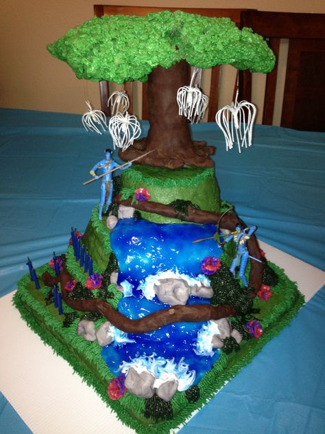 Avatar cake Avatar Birthday, Waterfall Cake, Hiking Waterfall, Camping Cake, Fairy Garden Cake, Wedding Cakes Ideas, Avatar Theme, Water Birthday, Amazing Waterfall