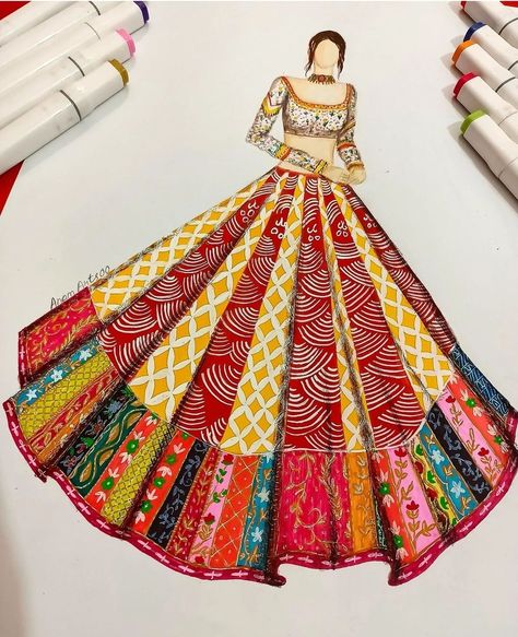 Garba Sketch, Anarkali Dress Drawing, Fashion Design Collection Sketch, Mandala Art Dress, Desi Sketch, Ethnic Wear Illustration, Navratri Illustration, Lehenga Drawing, Dresses Painting