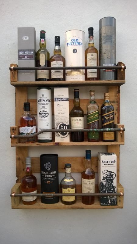 Whisky  Rack Shelf, Upcycled Pallet / Crate Handmade Vintage Shabby Chic Kitchen Pallet Whiskey Rack, Liquor Shelf Diy, Hanging Liquor Shelf, Diy Liquor Shelf, Whiskey Shelf Ideas, Liquor Shelf Ideas, Nice Shelves, Masculine House, Whiskey Shelf