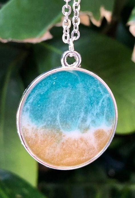 This ocean beach resin necklace pendant truly captures gentle ocean waves rolling onto the sand! Resin Necklace Pendant, Resin Jewelry Pendants, Fused Jewelry, Water Jewelry, Beach Resin, Dreamy Ocean, Hair Keepsake, Resin Beach, Seaglass Art