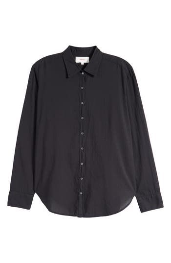 A roomy button-up is cut from pure cotton and finished with a gracefully curved hem that works for tucking in or wearing out. 29" length Front button closure Spread collar Long sleeves with button cuffs 100% cotton Machine wash, tumble dry Made in the USA of imported fabric Fabric Gift Bags, Plain Black, Nordstrom Store, Fabric Gifts, Free Fabric, Black Button, Black Fits, Pure Cotton, Button Up Shirts