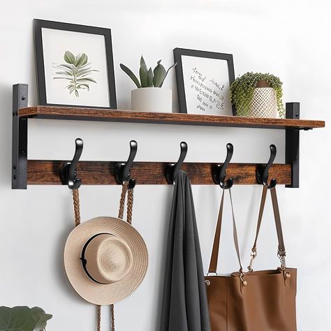 Amazon.com: Tatub 29" Coat Rack Wall Mount with Shelf, Wall Hooks with Shelf, Entryway Floating Shelf with 5 Metal Hooks, Coat Hangers for Entryway, Living Room, Bedroom, Rustic Brown Black : Home & Kitchen Entryway Floating Shelf, Entryway Floating Shelves, Coat Rack Wall Mount, Shelf Entryway, Bedroom Rustic, Coat Hangers, Entryway Living Room, Shelf Wall, Coat Rack Wall