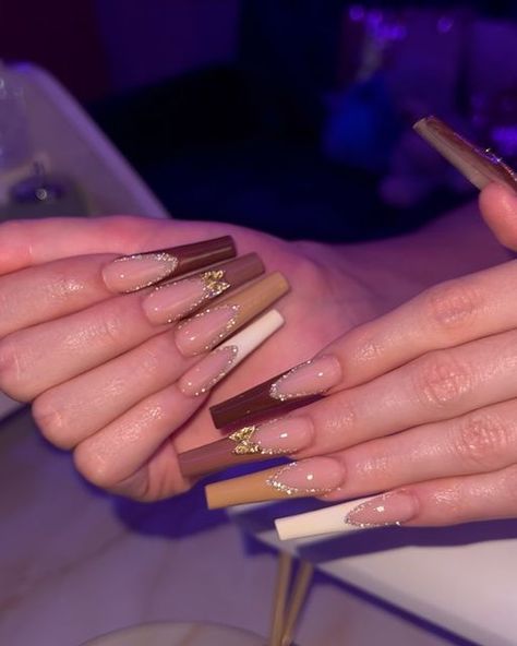 Brown Nails Acrylic Medium Length, Brown French Tip Nails With Gold, Earth Tone French Tip Nails, Brown Frenchies Nail, Brown Tones Nails, Brown Acrylic Nails Square, Brown Coffin Acrylic Nails, Brown Birthday Nails, Brown Frenchies