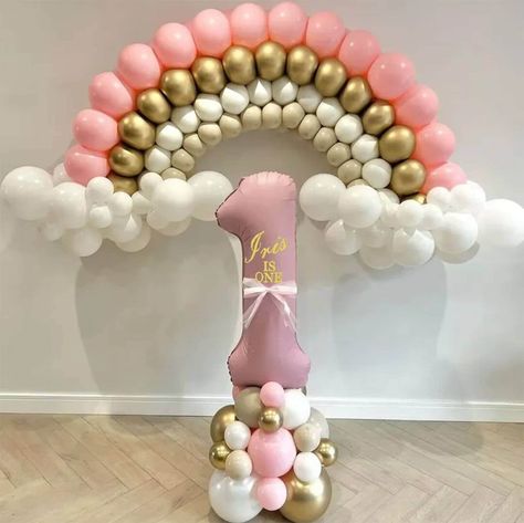 Bohemian pink number stack & rainbow arch (2.2m width) Light pink, foil number birthday balloon number stack DIY Kit (41 piece) with add-on bohemian rainbow arch garland (162 piece) - in neutral stone, light pink and chrome gold colours. The rainbow arch includes extra balloons to use as you want for your decorating. These could be filled with helium to create more looks for your party? The number stack (£18.29) includes a gold vinyl personalised name & age sticker (leave personalisation details Rainbow Balloon Arch, Neutral Stone, First Birthday Balloons, Rainbow Arch, Bohemian Rainbow, Number Sets, Vinyl Personalized, Pastel Balloons, Rainbow Balloons