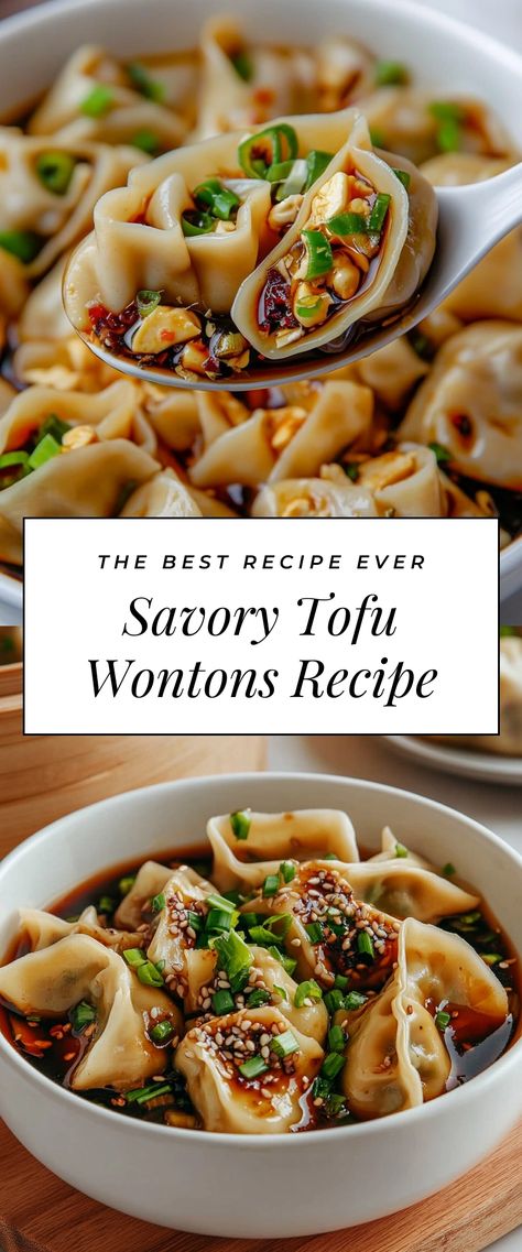 Image for Savory Tofu Wontons Recipe Tofu Wontons, Vegan Japanese Food, Chinese Dishes Recipes, Homemade Tofu, Hearty Food, Vegan Asian Recipes, Easy Whole 30 Recipes, Wonton Recipes, Asian Meals