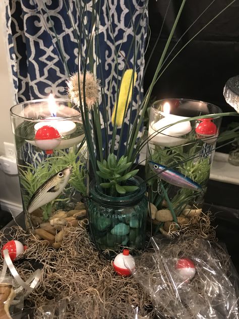 Oh Fishally One Birthday Centerpieces, O Fish Ally Retired Party, Fishing Wedding Decor, Ofishally Birthday, Fishing Centerpieces Ideas, Fishing Centerpieces, Camo Wedding Centerpieces, Fish Centerpiece, Fishing Baby Shower Theme