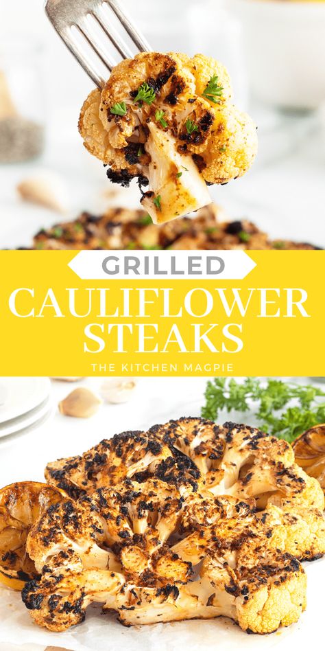 Amp up some cauliflower by making it on the grill! Season with garlic, chili powder, and lemon, then grill to a crispy, tender side dish the whole family will love! Cauliflower Recipes Grilled, Cauliflower On The Grill, Coliflower Recipes Grilled, Grill Cauliflower, Grilled Cauliflower Steak, Grilled Cauliflower Steaks, Cauliflower Steaks Recipes, Grilled Broccoli, Vegetarian Crockpot Recipes