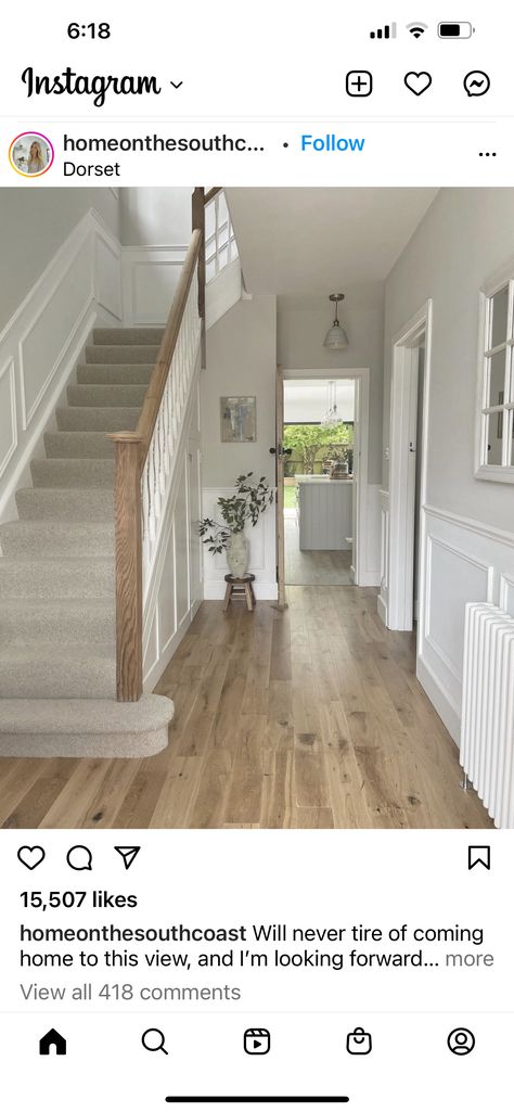 Hall Stairs And Landing Decor, Stairs And Landing Decor, Stairs And Hallway Ideas, Landing Decor, House Renovation Design, Stair Paneling, Entrance Hall Decor, White Hallway, Hallway Colours