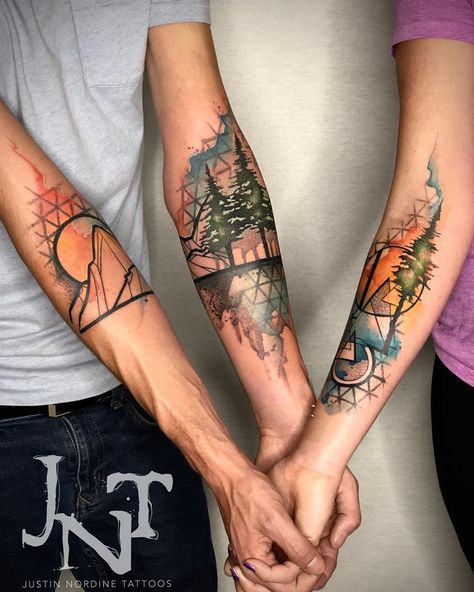 Nature Tattoo Color, Snowboard Tattoo, Watercolor Mountains Tattoo, Watercolour Tattoo Men, Colored Tattoos, Colorful Sleeve Tattoos, Western Tattoo, Watercolour Tattoo, Couples Tattoo