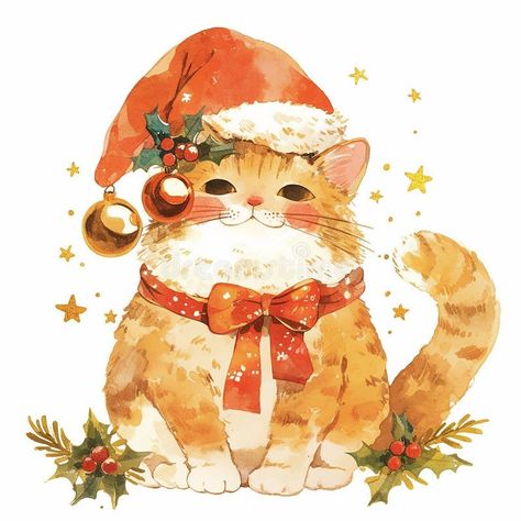 A cat wearing a red Santa hat and a red ribbon around its neck. The cat is sitting in front of a Christmas tree with royalty free stock photos Cat With Christmas Hat, Animal Christmas, Christmas Cat Illustration, Christmas Cat Art, Christmas Cat, New Years Hat, Cat Holidays, Christmas Hat, Cat Illustration