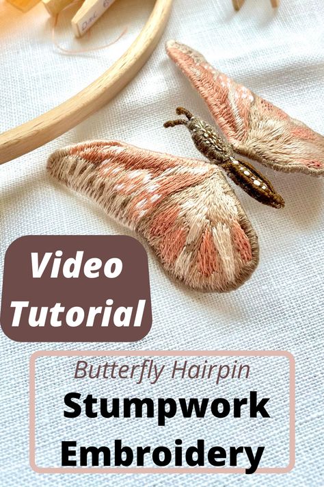 3d Embroidery Patterns Free, How To Do 3d Embroidery, 3d Embroidery Techniques How To Make, 3d Embroidery Tutorial, Wire Butterfly Diy Tutorials, Butterfly Embroidery Pattern Free, Stumpwork Embroidery Patterns, French Embroidery Patterns Vintage, Stumpwork Embroidery Tutorial