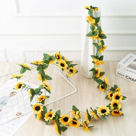 8.2ft Artificial Sunflower Garland Vine Silk Sunflower Vine Artificial Flowers with Green Leaves for Home Kitchen Wedding Arch Baby Shower Decor Garden Craft Art Party Decor Size: 8.2'.  Color: Yellow. Sunflower Garland, Tafel Decor, Artificial Garland, Hanging Vines, Sunflower Bouquets, Outdoor Flowers, Wedding Leaves, Sunflower Wreaths, Hanging Flowers