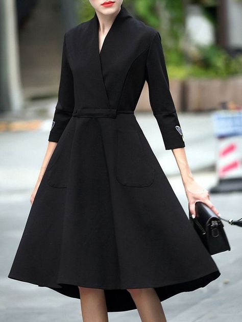 Simple Midi Dress, Solid Midi Dress, Embroidered Midi Dress, Black Women Fashion, Mode Inspo, Midi Dress With Sleeves, Daily Dress, 가을 패션, Solid Dress