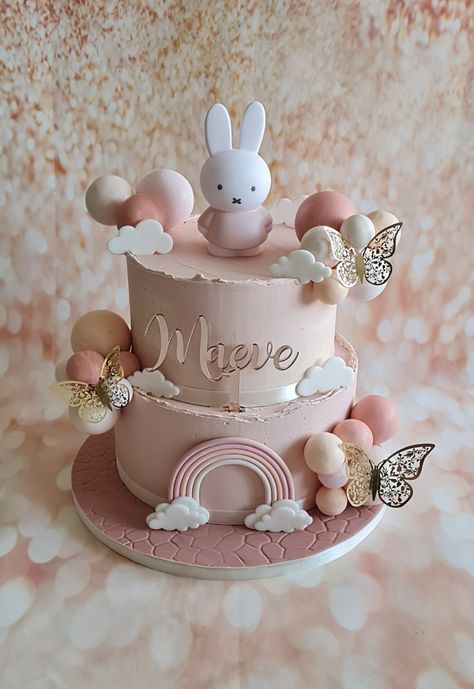 Miffy Cake 1st Birthdays, First Birthday Bunny Cake, Miffy Theme Birthday Party, Miffy Birthday Cake, Bunny Themed Cake, Miffy Birthday Party, Bunny Theme Cake, Miffy Birthday, Rabbit Birthday Cake