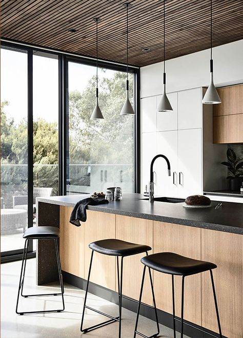 Kitchen With Black Cabinets And Wood Island, Simple Industrial Kitchen, Urban Industrial Kitchen, Urban Modern Kitchen, Urban Style Kitchen, Urban Kitchen Design, Modern Industrial Kitchen, Industrial Kitchen Island, Light Wood Kitchens