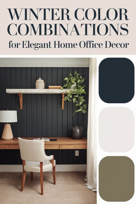 Transform your workspace with winter color combinations and French modern office vibes. Use the true winter color palette for timeless sophistication. Pair winter skin tone neutrals with moody blues to create depth and elegance. Incorporate fancy desk ideas for a luxurious, functional design that inspires productivity all winter long. 🖌️🪞💻🌟 #wintercolortheme #truewinterpalette #homeofficefurniture #moodyofficeaesthetic #frenchmodernoffice #coloranalysiswinter #truewintercolorpalette #winter Office Interior Design Color Schemes, Dark Blue Office Aesthetic, Paint Colors For Office Space, Home Office Colors Paint, Moody Blue Office, Office Color Scheme Business, Dark Blue Study, Office Paint Colors Home, Office Paint Schemes