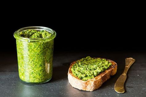 Arugula and Garlic Scape Pesto Recipe on Food52, a recipe on Food52 Chive Pesto, Zucchini Butter, Scape Pesto Recipe, Vegan Pesto Recipe, Garlic Scape Pesto, Pesto Hummus, Arugula Pesto, Vegan Pesto, Vegan Sauces