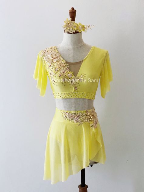 Dance Lyrical, Cute Dance Costumes, Pretty Dance Costumes, Acro Dance, Contemporary Dance Costumes, Contemporary Ballet, Custom Dance Costumes, Yellow Costume, Costumes Dresses