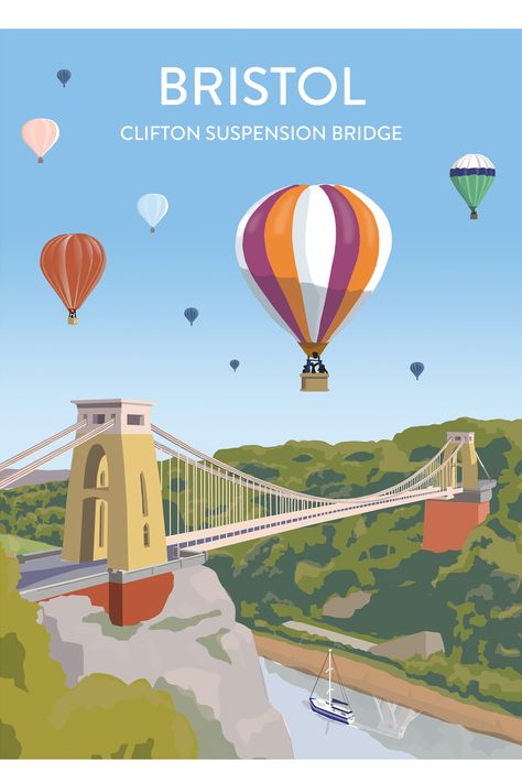 Bristol Hot Air Balloon, Clifton Suspension Bridge Art, Hotairballoon Illustration, Location Posters, Hot Air Balloon Poster, Bristol Balloon Fiesta, Bristol Poster, Clifton Bristol, Smart Packing