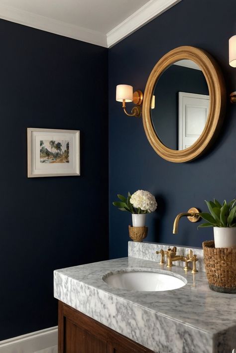 Step into sophistication with Hale Navy (HC-154) in your bathroom. Discover how to infuse nautical elegance into your daily interior design routine with this stunning color palette. #Ad #homedecor #homedesign #bathroom #Painthome interiorarchitecture best Wall Colors for Bathroom Colors Bright Room Colors best colors combinations bathroom bathroom Remodeling Modern Paint Colors 2024 Navy Blue Bathroom With Gold Accents, Nautical Half Bath, Navy And Bronze Bathroom, Bathroom With Navy Walls, Blue Painted Bathrooms, Navy Paint Bathroom, Bathrooms With Dark Blue Walls, Navy House Interior, Navy Wall Bathroom