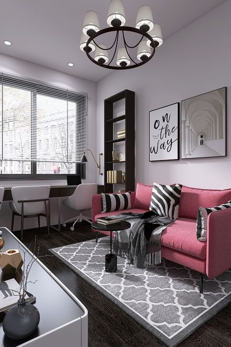 Black and pink charm~ House Design Industrial, Pink And Black Plaid Wallpaper, Black And Pink Living Room￼, Pink Charm, Small Apartment Design, One Bedroom Apartment, Design Industrial, Black And Pink, Small Apartment