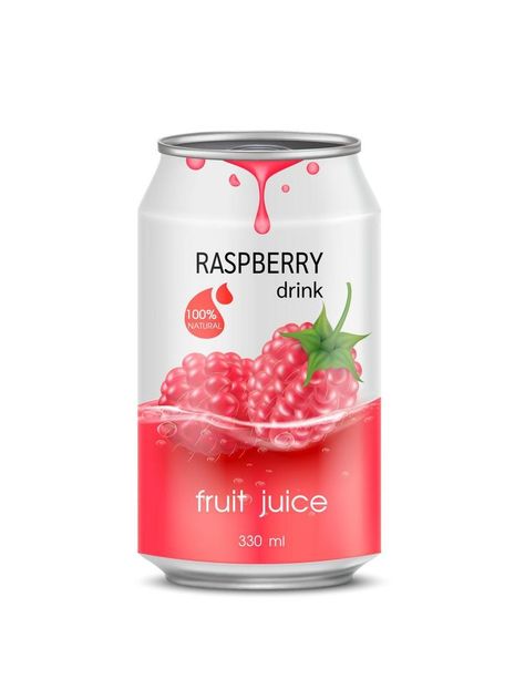 Raspberry juice soft drink in aluminum can and design of raspberry fruit red packaging mock up.  Isolated on a white background. Realistic vector EPS10 illustration. Raspberry Juice, Red Packaging, Raspberry Drink, Raspberry Fruit, Aluminum Can, Fruit Juice, Soft Drinks, Mock Up, Packaging Design