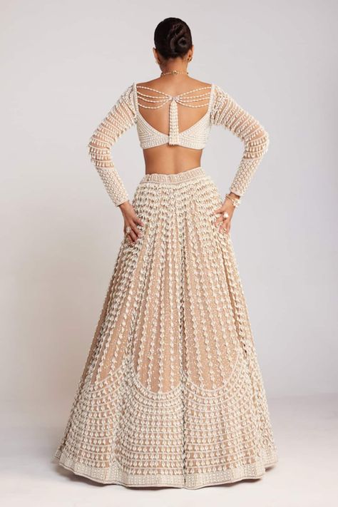 Buy Beige Blouse And Lehenga: Georgette Embellished Pearls Chandelier Set For Women by Vvani by Vani Vats Online at Aza Fashions. Pearl Lehenga, Vani Vats, Cancan Lehenga, Raw Silk Lehenga, Full Sleeve Blouse, Indian Outfits Lehenga, Georgette Lehenga, Lehenga Designs Simple, Georgette Dupatta