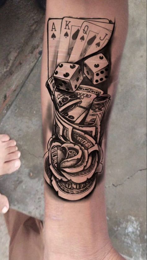 Card And Money Tattoo, Poker Tattoo Sleeve, Mens Arm Sleeve Tattoos Ideas Unique, Legs Tattoo, Ace Card Tattoo, Gambling Tattoo Ideas, Lifes A Gamble Tattoo, Poker Tattoo, Playing Card Tattoos