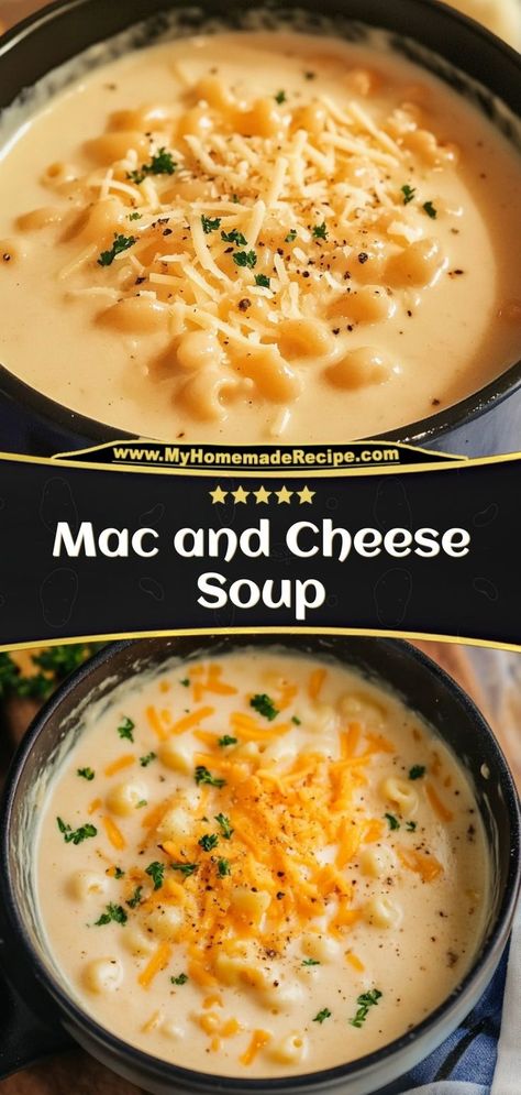 This mac and cheese soup is creamy, cheesy, and the ultimate comfort food. Perfect for mac and cheese lovers! Ingredients: 1 cup elbow macaroni, cooked 4 cups chicken broth 1 cup shredded cheddar cheese 1 cup heavy cream Enjoy this soup topped with extra cheese for a rich, indulgent meal Mac And Cheese Soup, Chicken Macaroni Soup, Mac N Cheese Soup, Hearty Chicken Soup, Cheese Soup Recipe, Cheesy Macaroni, Macaroni Soup, Cozy Dinners, Cheese Soup Recipes