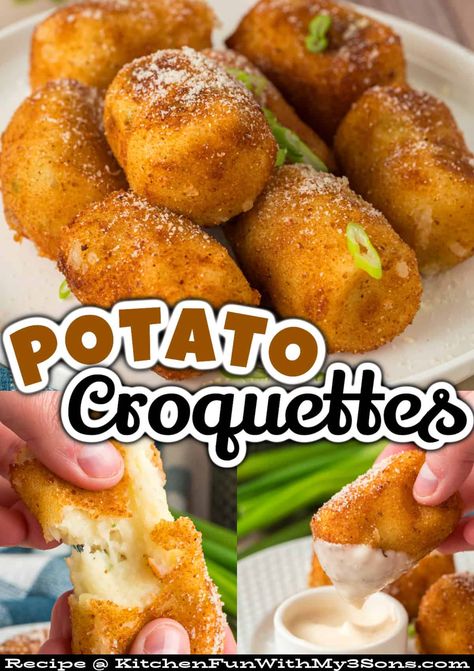 These Potato Croquettes have a creamy and cheesy potato filling with a golden crispy outside. Perfect as a side dish or appetizer. Potato Croquette, Potato Croquettes Recipe, Creamy Cheesy Potatoes, Potato Croquette Recipe, Croquettes Recipe, Potato Croquettes, Fresh Potato, How To Make Potatoes, Appetizers Easy Finger Food