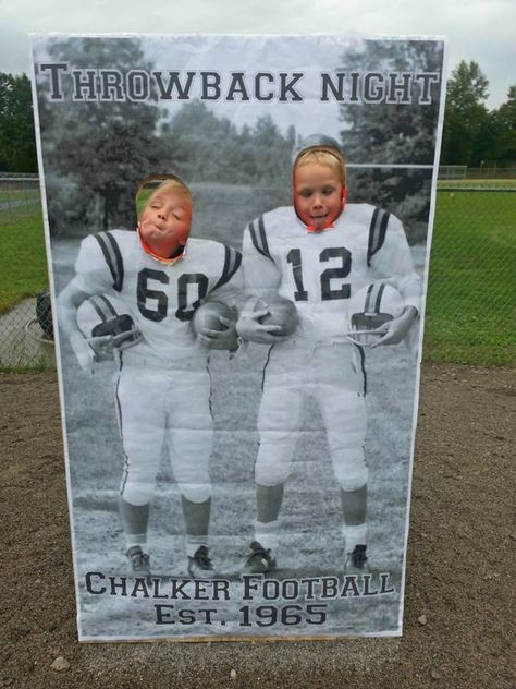 Throwback night for high school football game! blow up an old photo and throw on some particle board for fun photobooth! Homecoming Game Decorations, High School Football Tailgate Ideas, High School Tailgate Ideas, Football Booster Club Ideas, Senior Week Ideas, Alumni Engagement, Alumni Homecoming, School Football Game, Rally Idea