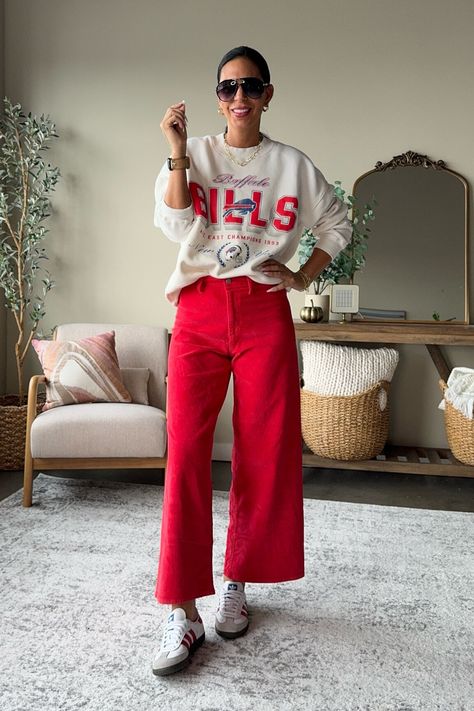 Abercrombie Bills NFL sweatshirt Size small Target Red Pants - size 4 (sized up) Amazon Sunnies

#LTKU#LTKSaleAlert#LTKFallSale
https://liketk.it/4SjO6 Red Crop Pants Outfit, Red Pant Outfits For Women, Red Jeans Outfit Winter, Red Pants Outfit Casual, Red Pant Outfits, Red Wide Leg Pants Outfit, Red Trousers Outfit, Red Jeans Outfit, Cropped Pants Outfit