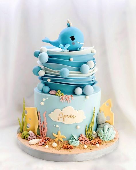 Birthday Cake | Cake Class on Instagram: “I whale always love you 🐳” Sea Theme Birthday Cake, Ocean First Birthday Cake, Whale Cake, 1st Birthday Cake Fish Theme, Ocean Theme Cake Kids, Birthday Cake Sea Theme, Underwater Birthday Cake, Whale Cake Ideas, Whale Theme Cake