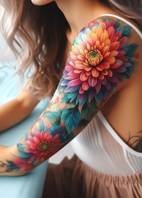 A watercolor chrysanthemum birth flower tattoo captures the essence of beauty and creativity. Ideal for November-born individuals. Floral And Lace Tattoo, Colourful Tattoo Sleeve, Watercolor Dahlia Tattoo, Vibrant Flower Tattoo, Watercolor Sleeve Tattoo, November Tattoo Ideas, Dahlia Flower Tattoo, Dahlia Tattoos, November Flower Tattoo