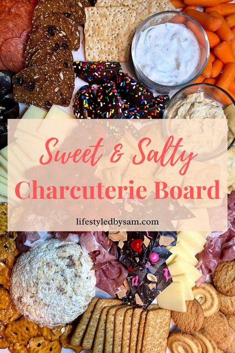 This sweet and salty charcuterie is perfect for movie night, game day, a watch party, birthday party, and more. It’s easy to make and perfect for entertaining or hosting a large crowd. How To Make A Charcuterie Board: 1. Choose your serving board 2. Choose your snacks 3. Arrange your board Sweet And Salty Board Ideas, Charcuterie Board Ideas Sweet And Salty, Salty And Sweet Charcuterie Board, Sweet And Salty Snack Board, Charcuterie Board Sweet And Salty, Sweet And Salty Charcuterie Board Ideas, Sweet And Savory Charcuterie Board Ideas, Salty Charcuterie Board, Sweet And Salty Charcuterie Board